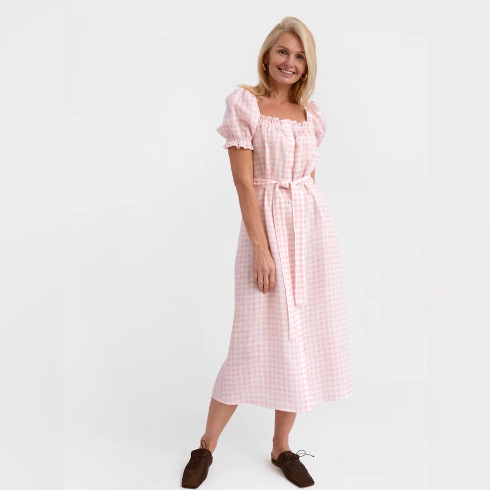 BRIGITTE MIDI LINEN DRESS IN PINK VICHY